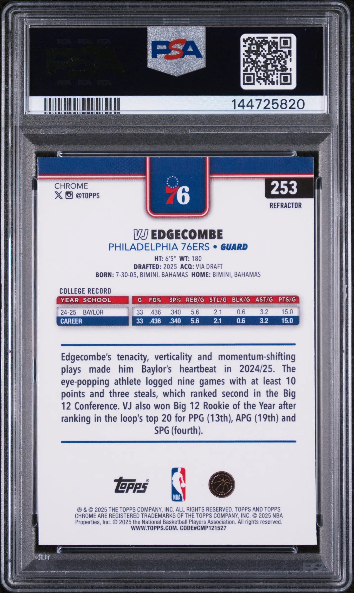 2025 Topps Chrome Refractor Rookie VJ Edgecombe #253 PSA 8 