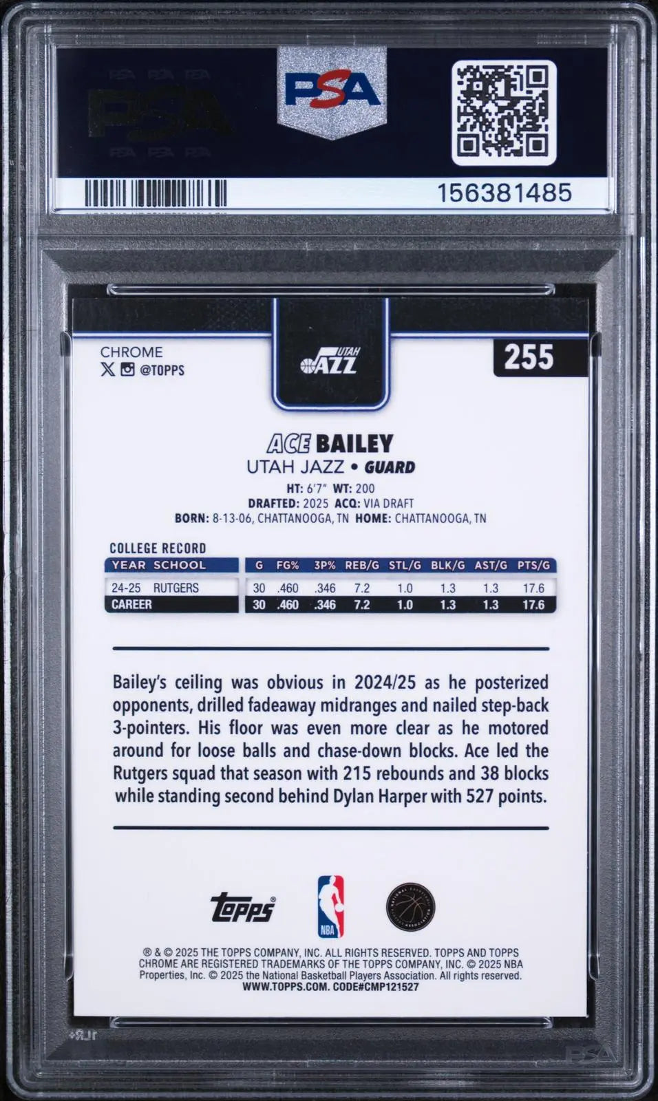 2025 Topps Chrome Rookie Ace Bailey Refractor RC PSA 9 
