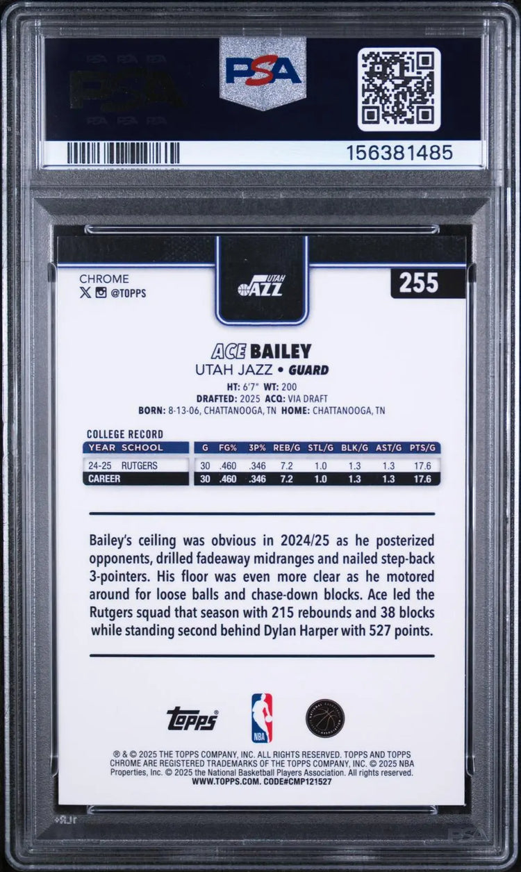 2025 Topps Chrome Rookie Ace Bailey Refractor RC PSA 9 