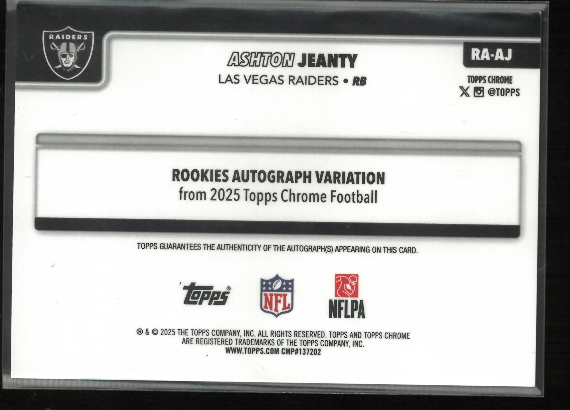 2025 Topps Chrome Rookie Autograph Ashton Jeanty Auto RC 