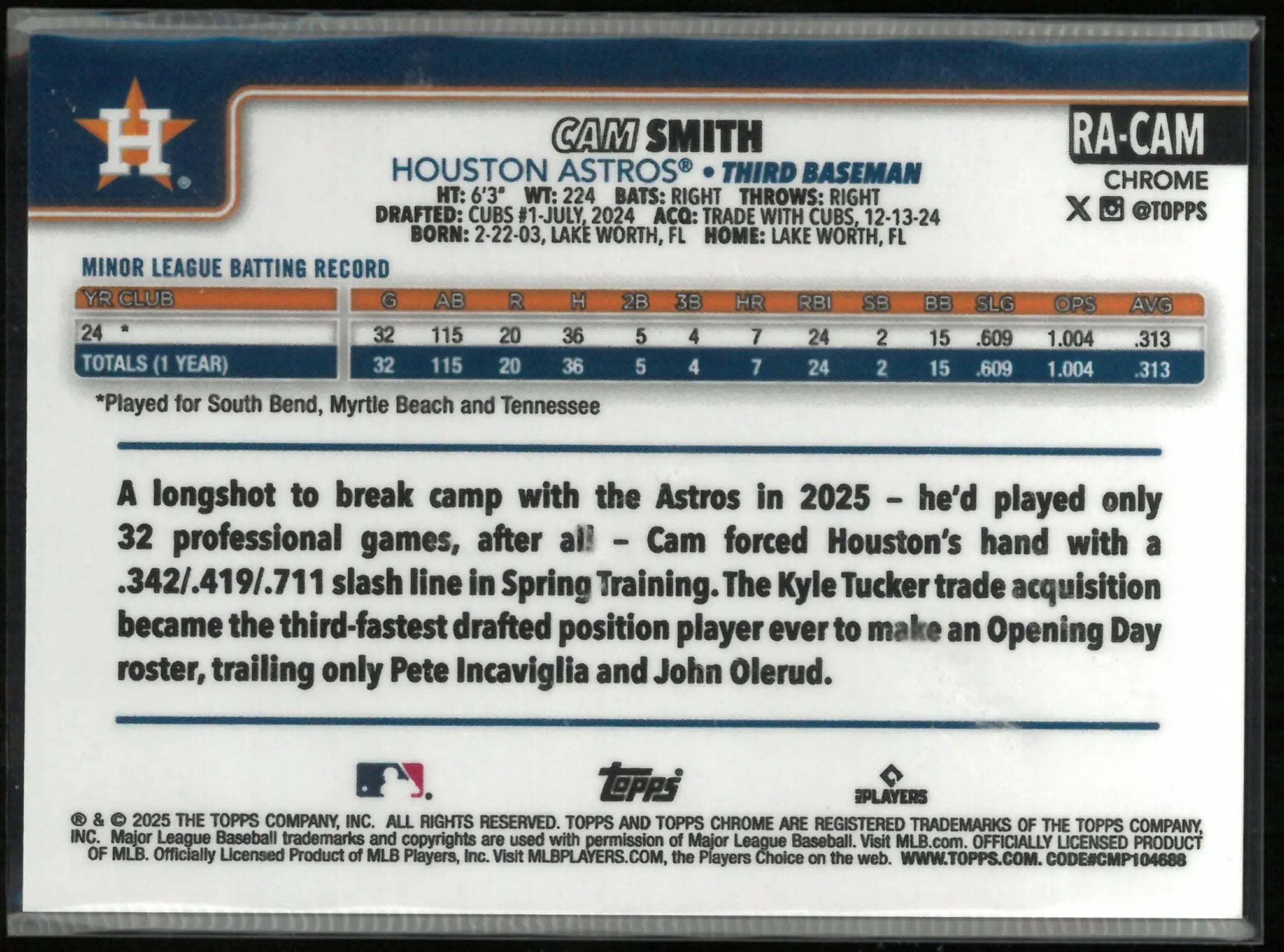 2025 Topps Chrome Rookie Autograph Cam Smith Auto Purple Lava Lamp /299 RC 