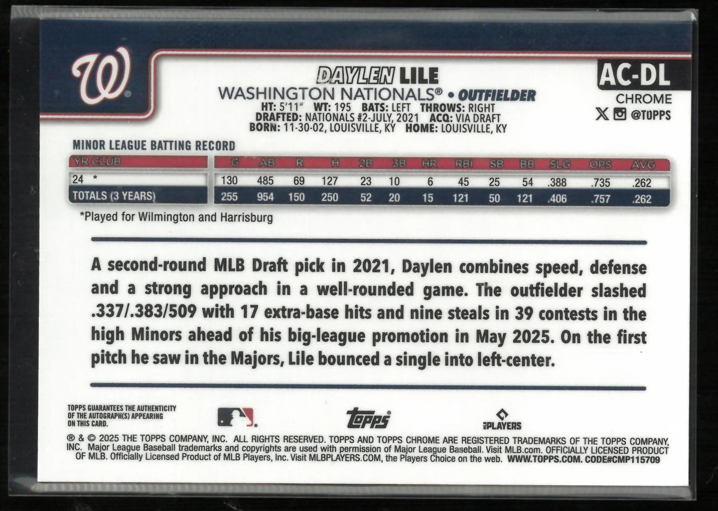 2025 Topps Chrome Rookie Autograph Daylen Lile Auto Blue /150 RC 