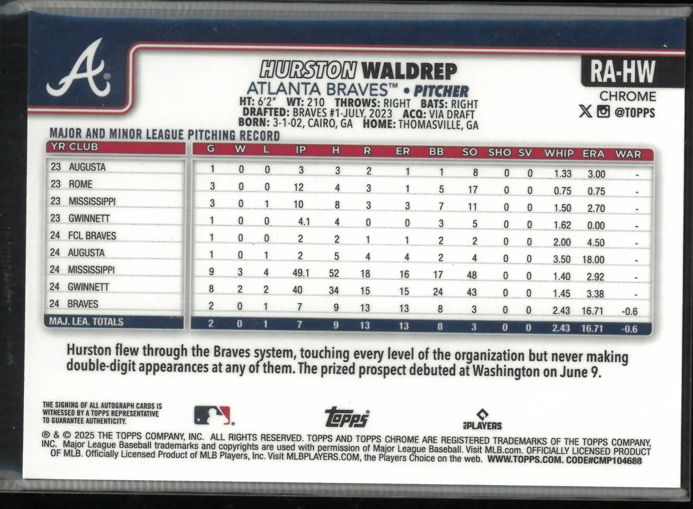 2025 Topps Chrome Rookie Autograph Hurston Waldrep Blue Green Lava Lamp /175 RC 