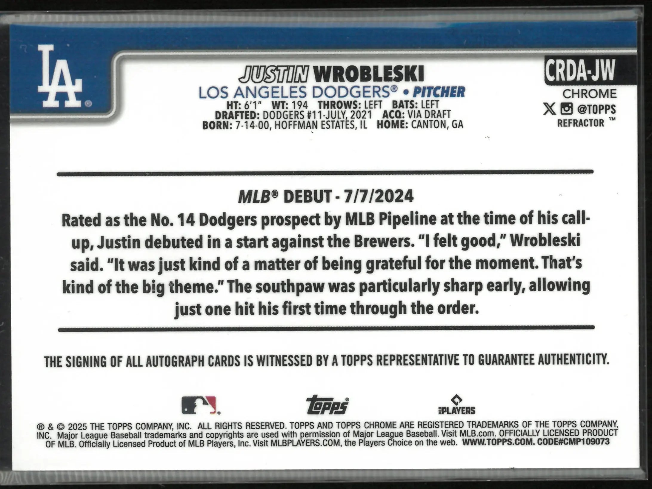 2025 Topps Chrome Rookie Autograph Justin Wrobleski Auto Refractor /499 RC 