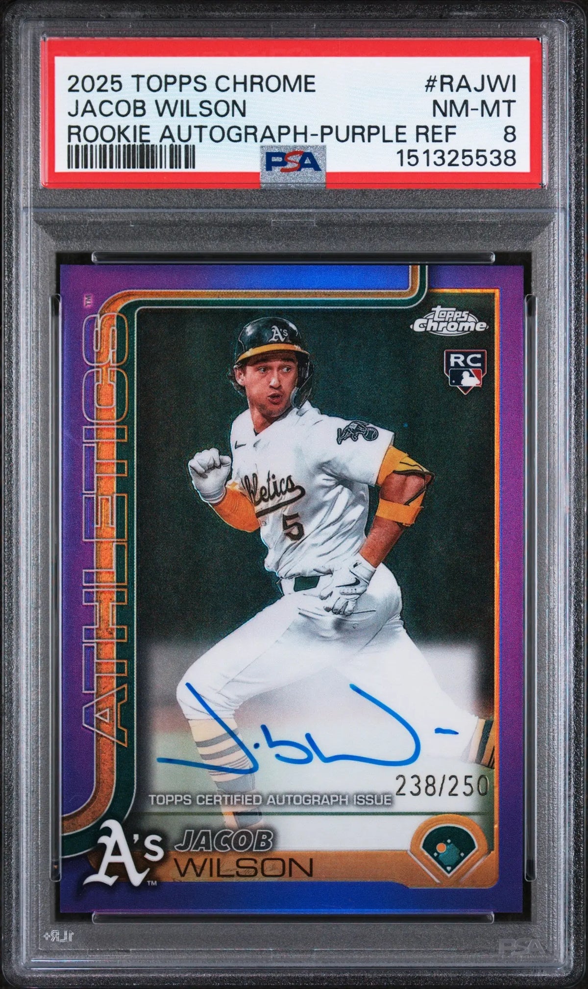 2025 Topps Chrome Rookie Autographs Jacob Wilson Auto Purple Ref /250 RC PSA 8 