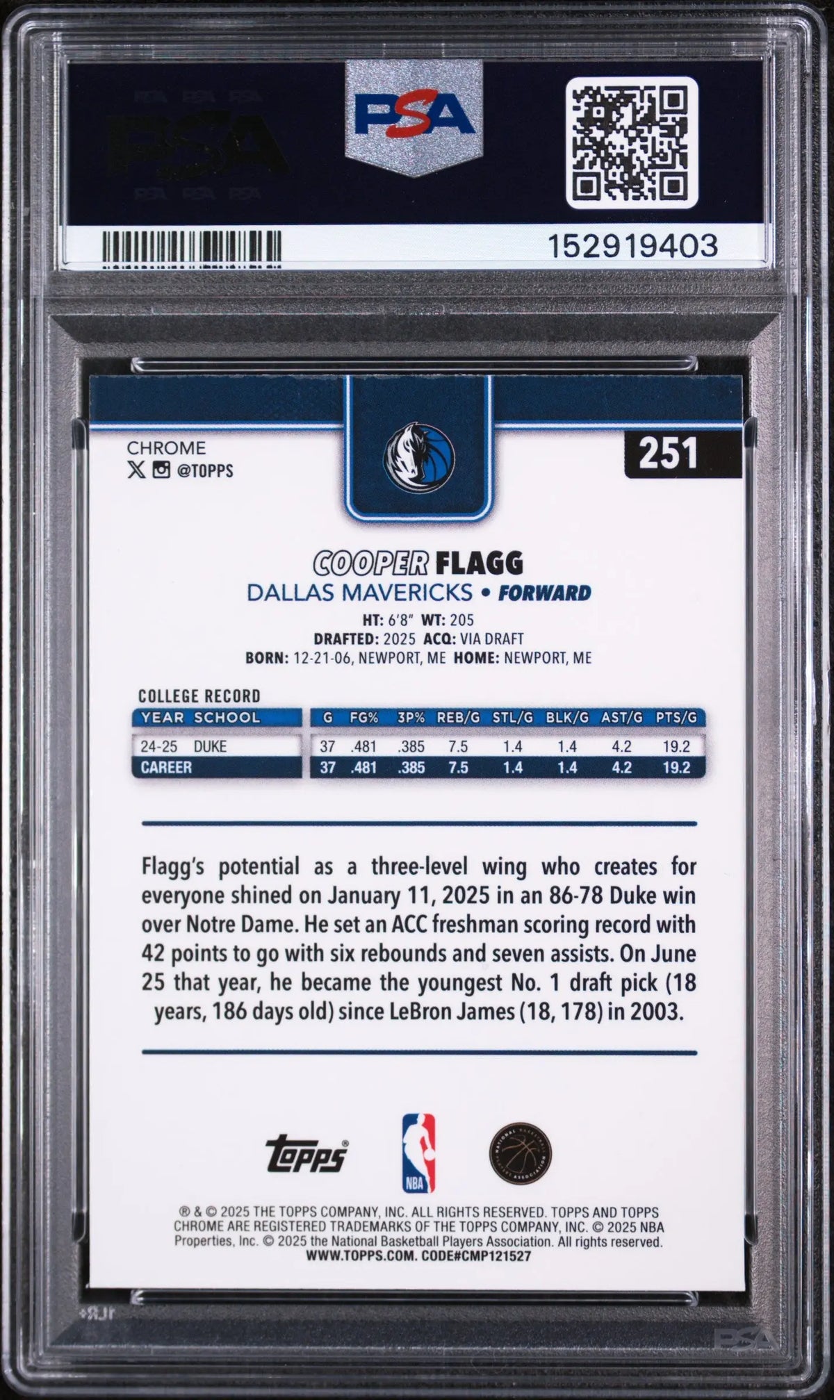 2025 Topps Chrome Rookie Cooper Flagg RC PSA 10 