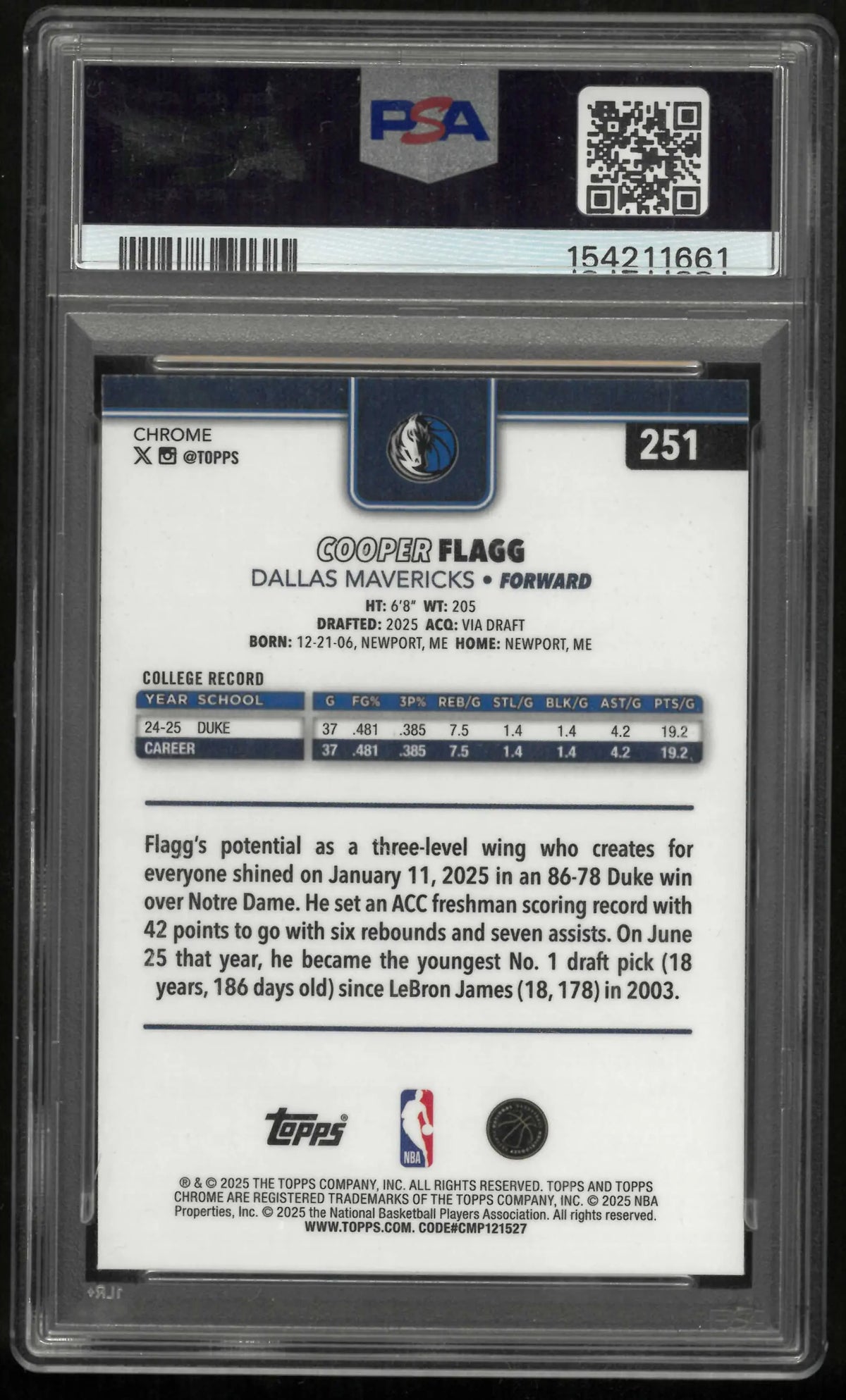 2025 Topps Chrome Rookie Cooper Flagg RC PSA 10 