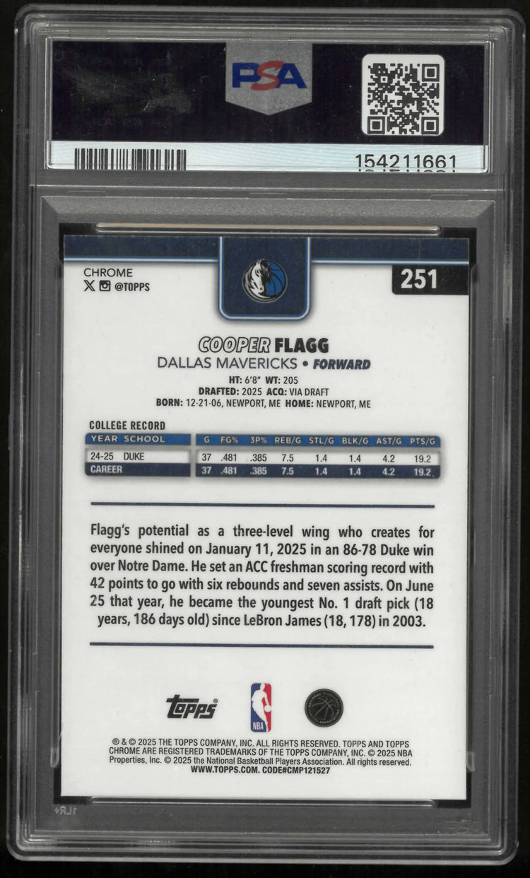2025 Topps Chrome Rookie Cooper Flagg RC PSA 10 