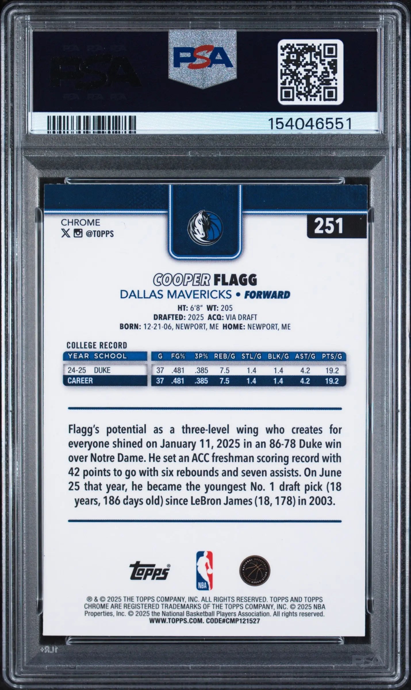 2025 Topps Chrome Rookie Cooper Flagg RC PSA 6 