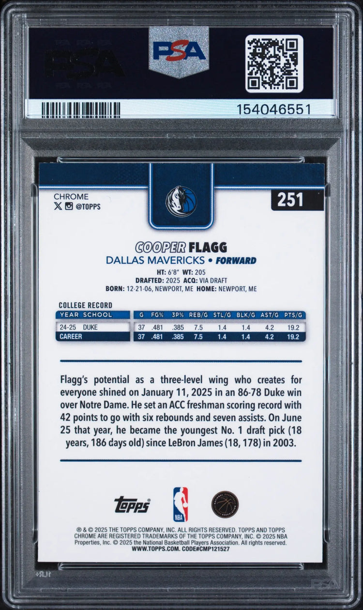2025 Topps Chrome Rookie Cooper Flagg RC PSA 6 