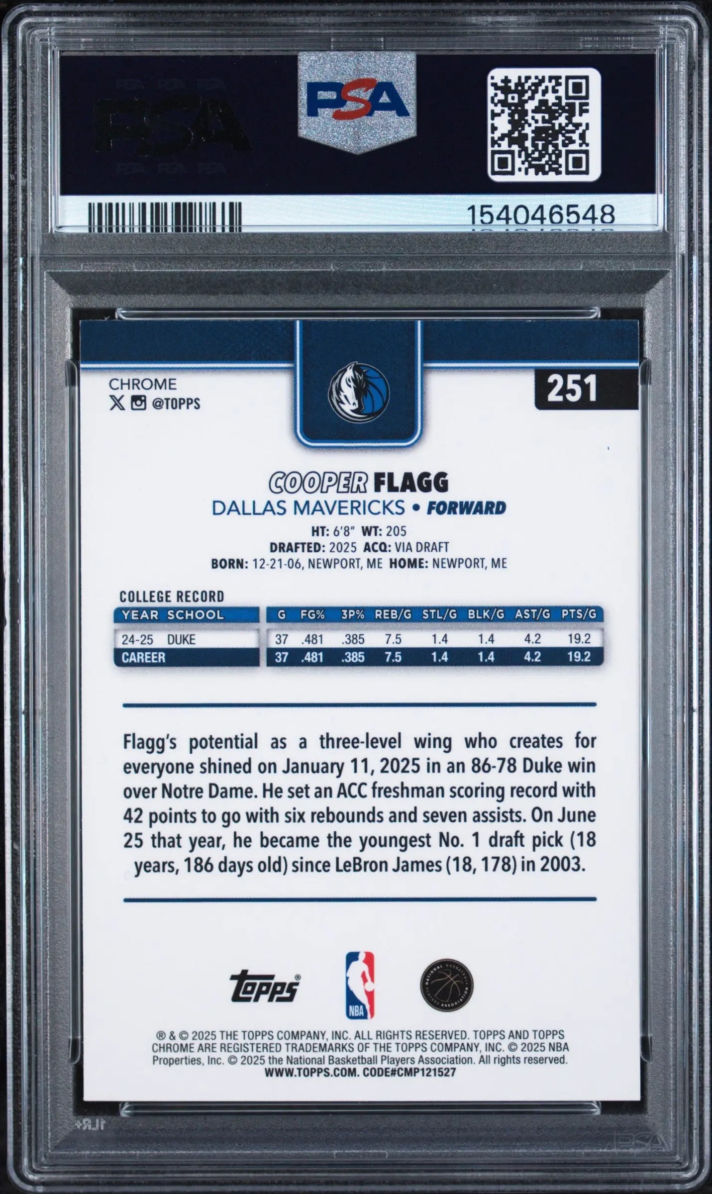 2025 Topps Chrome Rookie Cooper Flagg RC PSA 8 (A) 