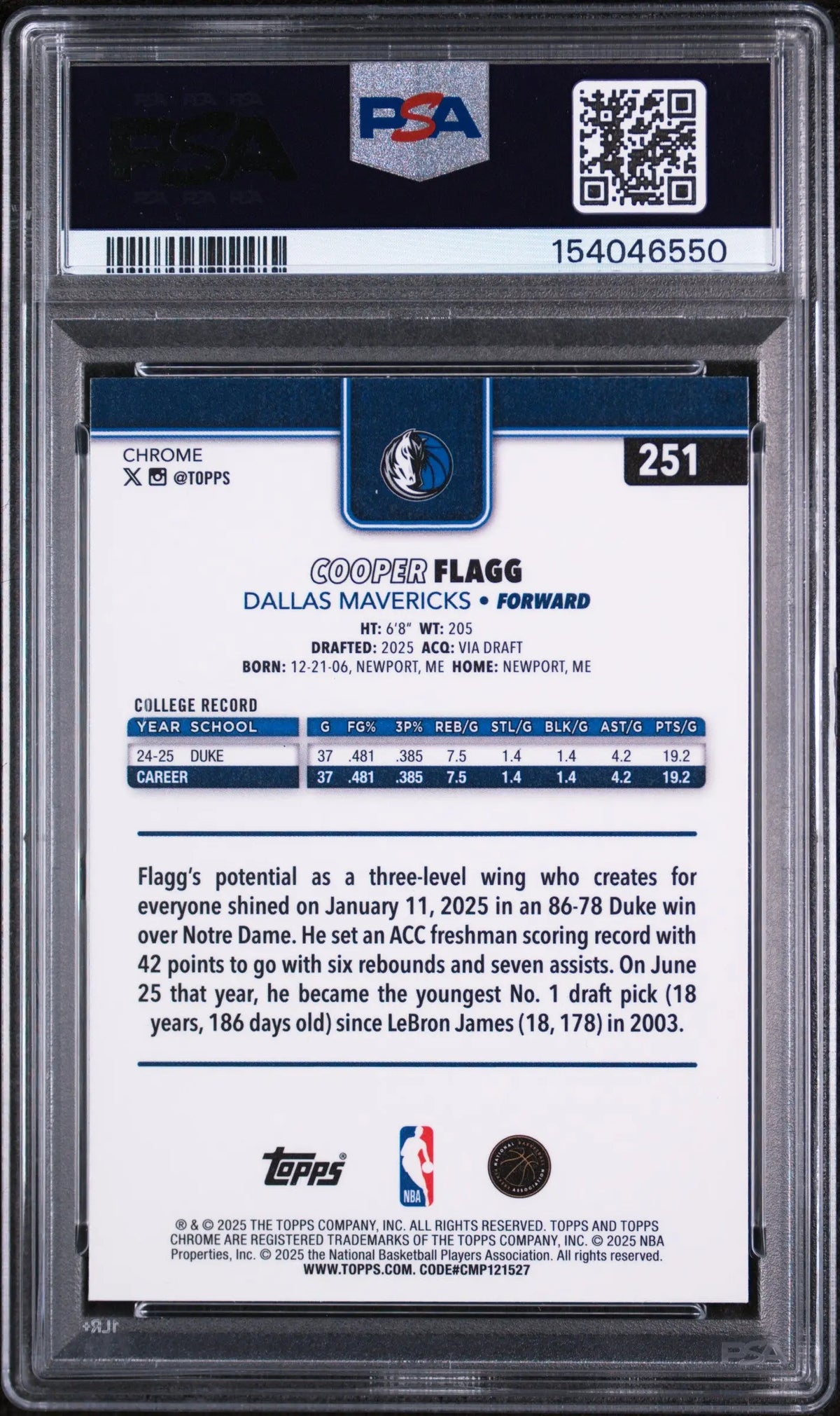 2025 Topps Chrome Rookie Cooper Flagg RC PSA 8 (B) 