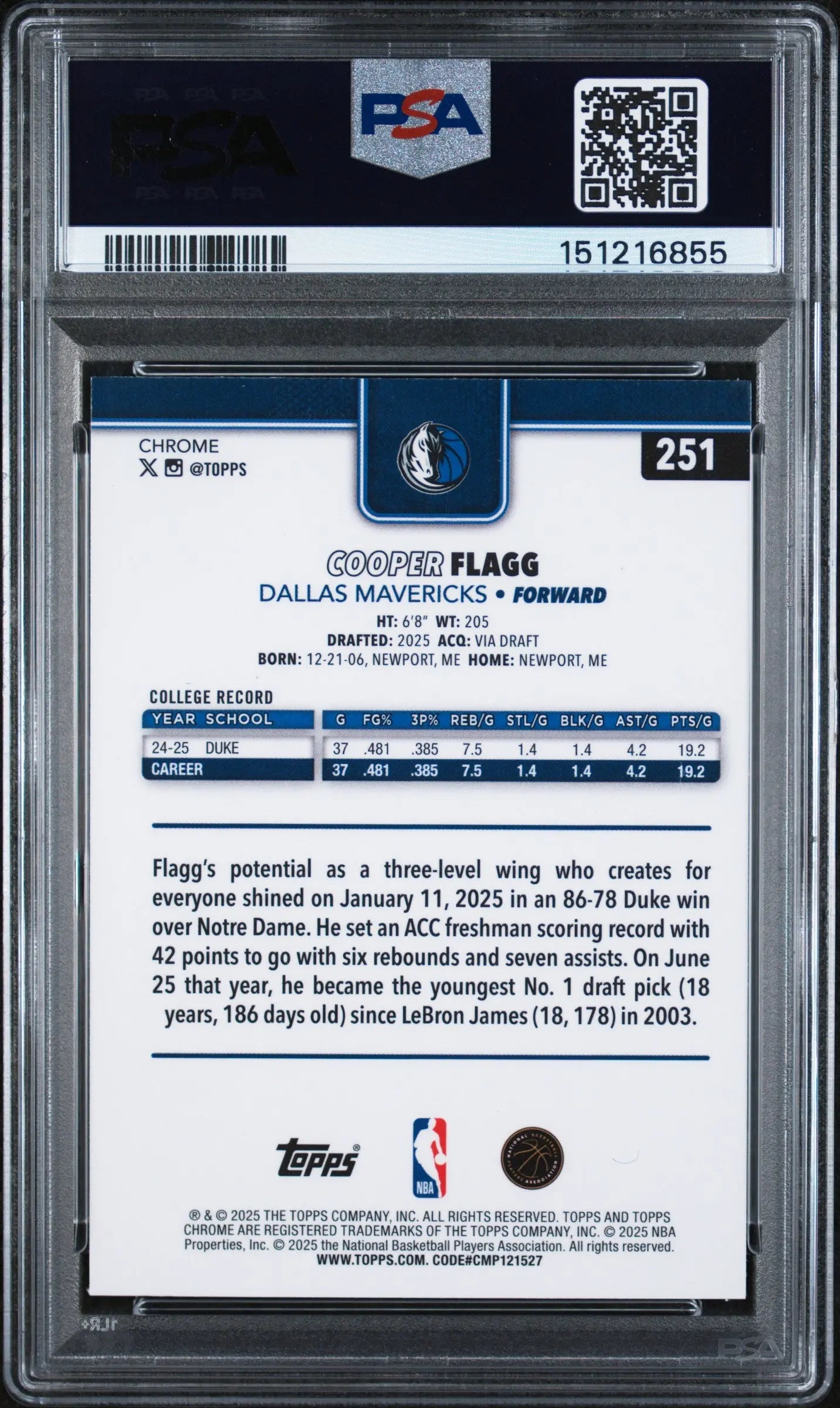 2025 Topps Chrome Rookie Cooper Flagg RC PSA 9 