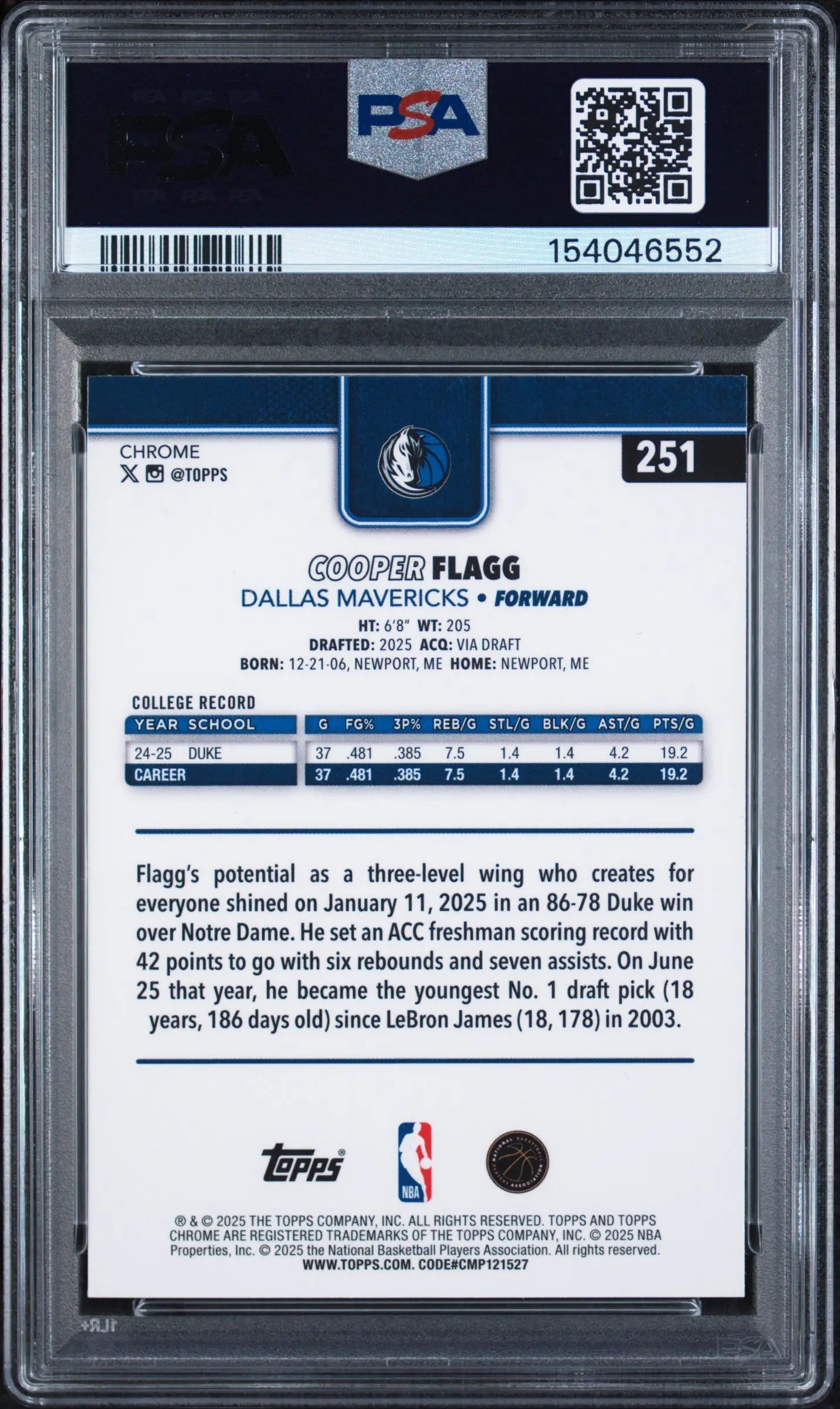 2025 Topps Chrome Rookie Cooper Flagg RC PSA 9 (A) 