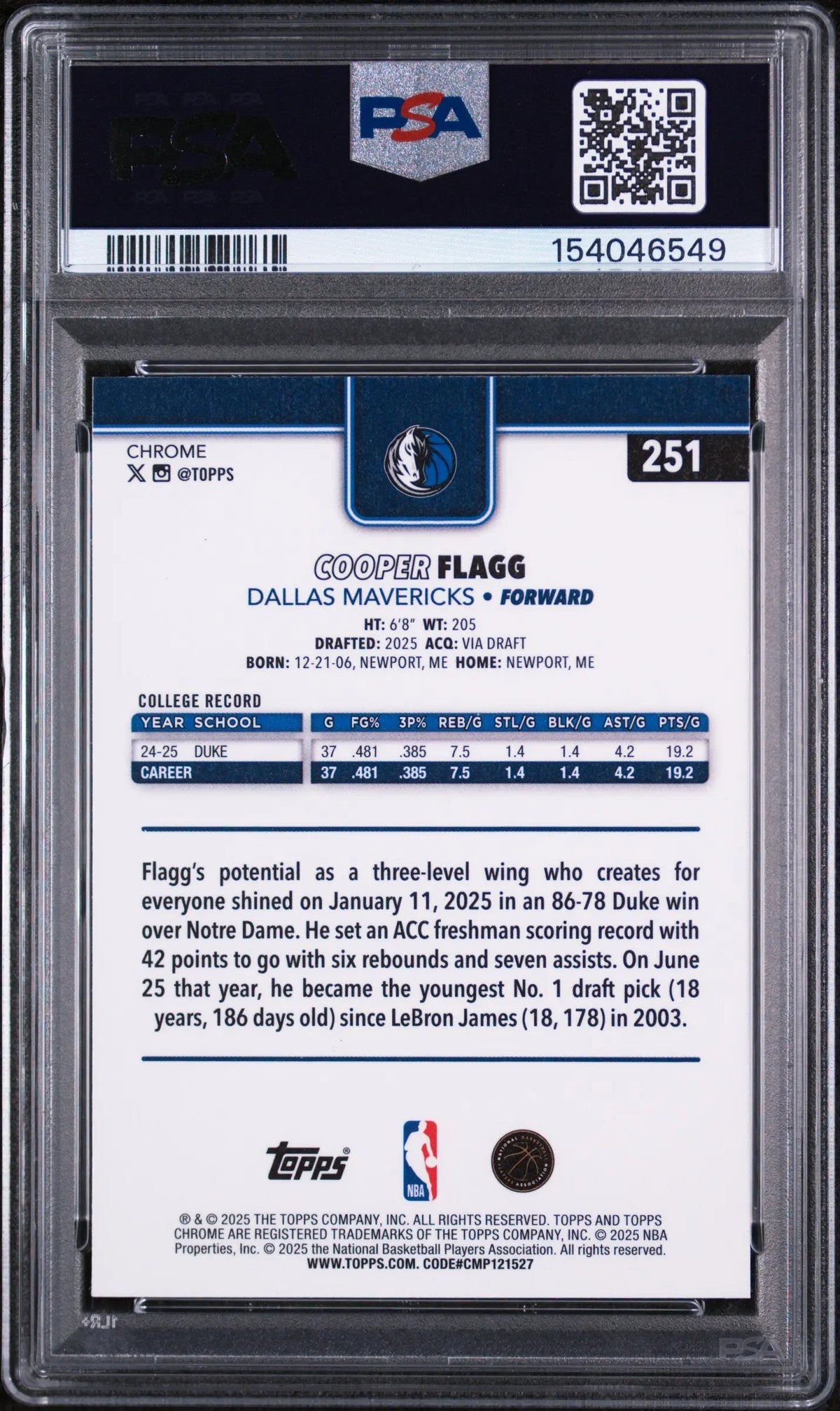 2025 Topps Chrome Rookie Cooper Flagg RC PSA 9 (B) 
