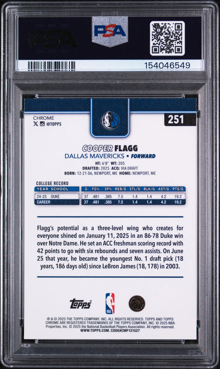 2025 Topps Chrome Rookie Cooper Flagg RC PSA 9 (B) 