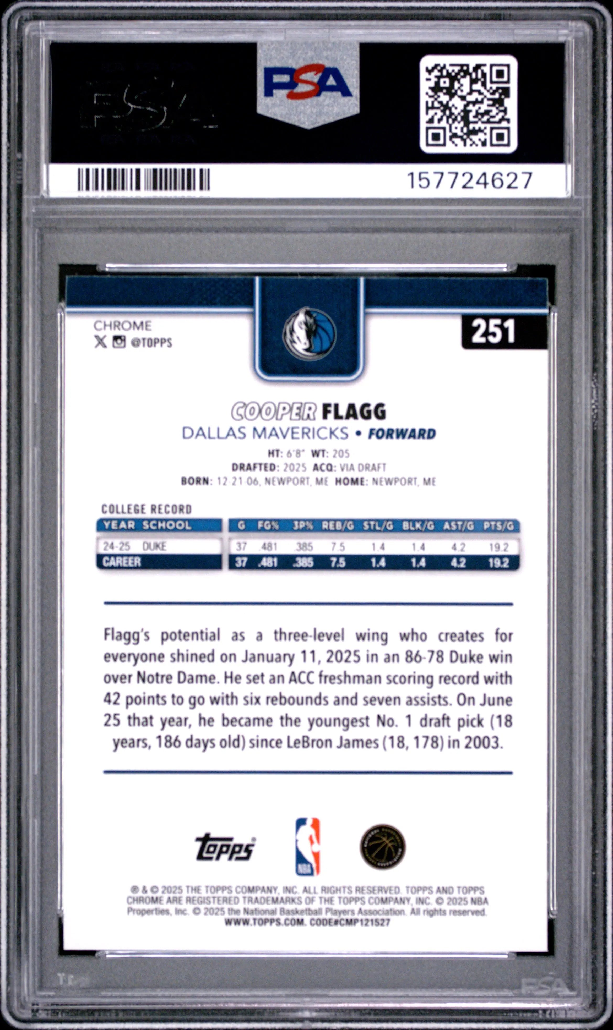 2025 Topps Chrome Rookie Cooper Flagg X-Fractor RC PSA 10 