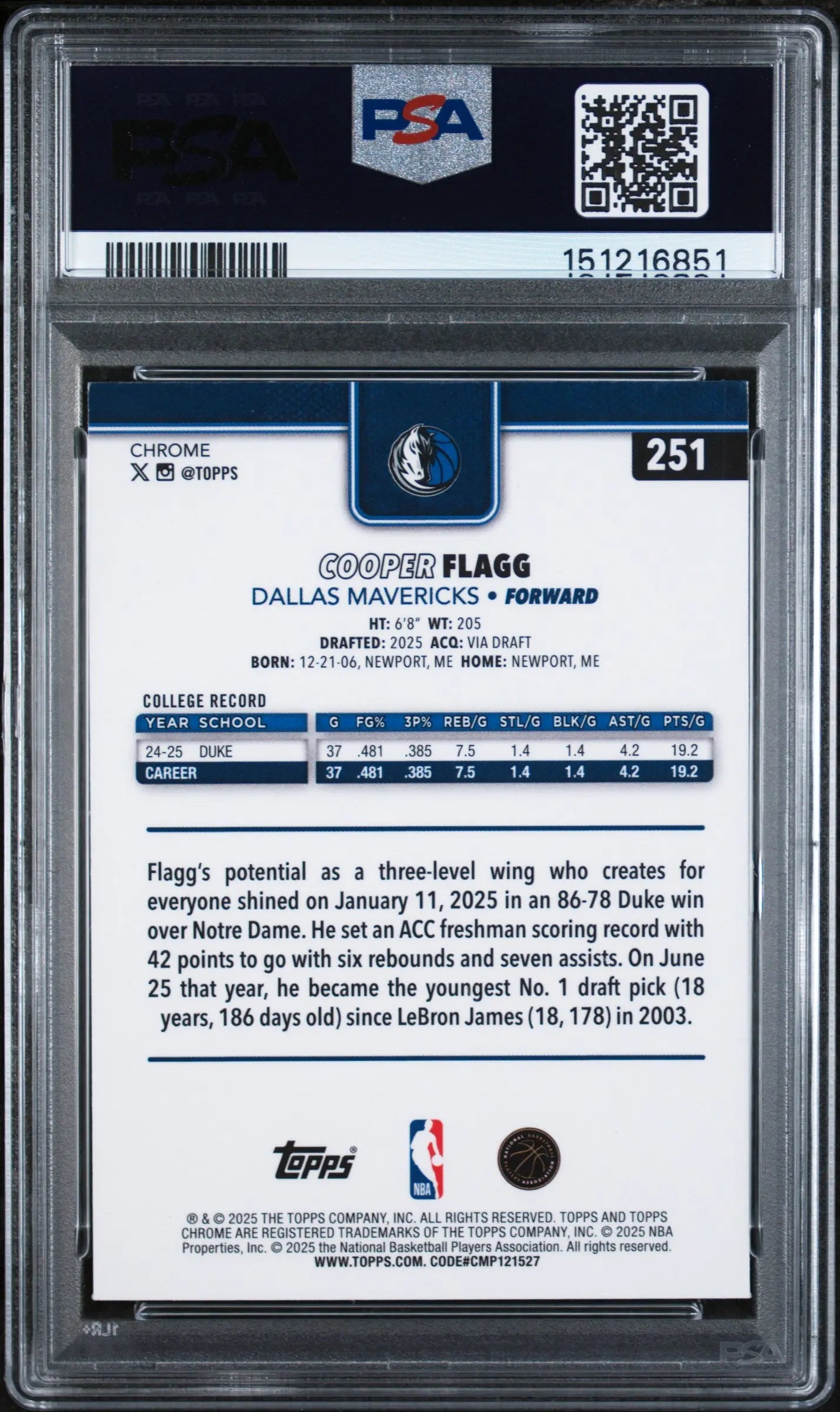 2025 Topps Chrome Rookie Cooper Flagg X-Fractor RC PSA 9 
