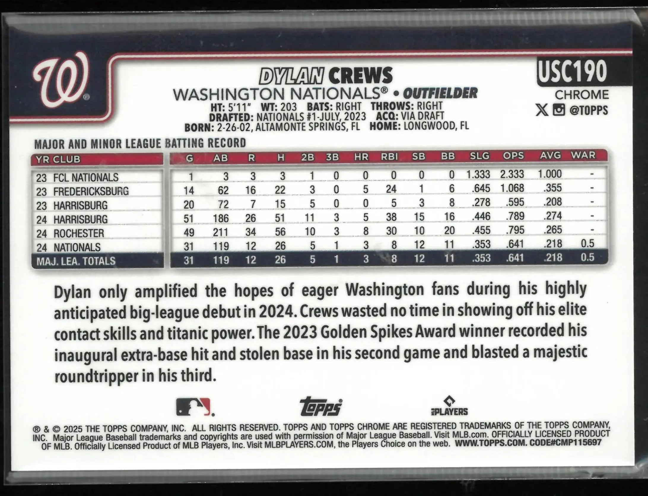 2025 Topps Chrome Rookie Dylan Crews Green /99 RC 
