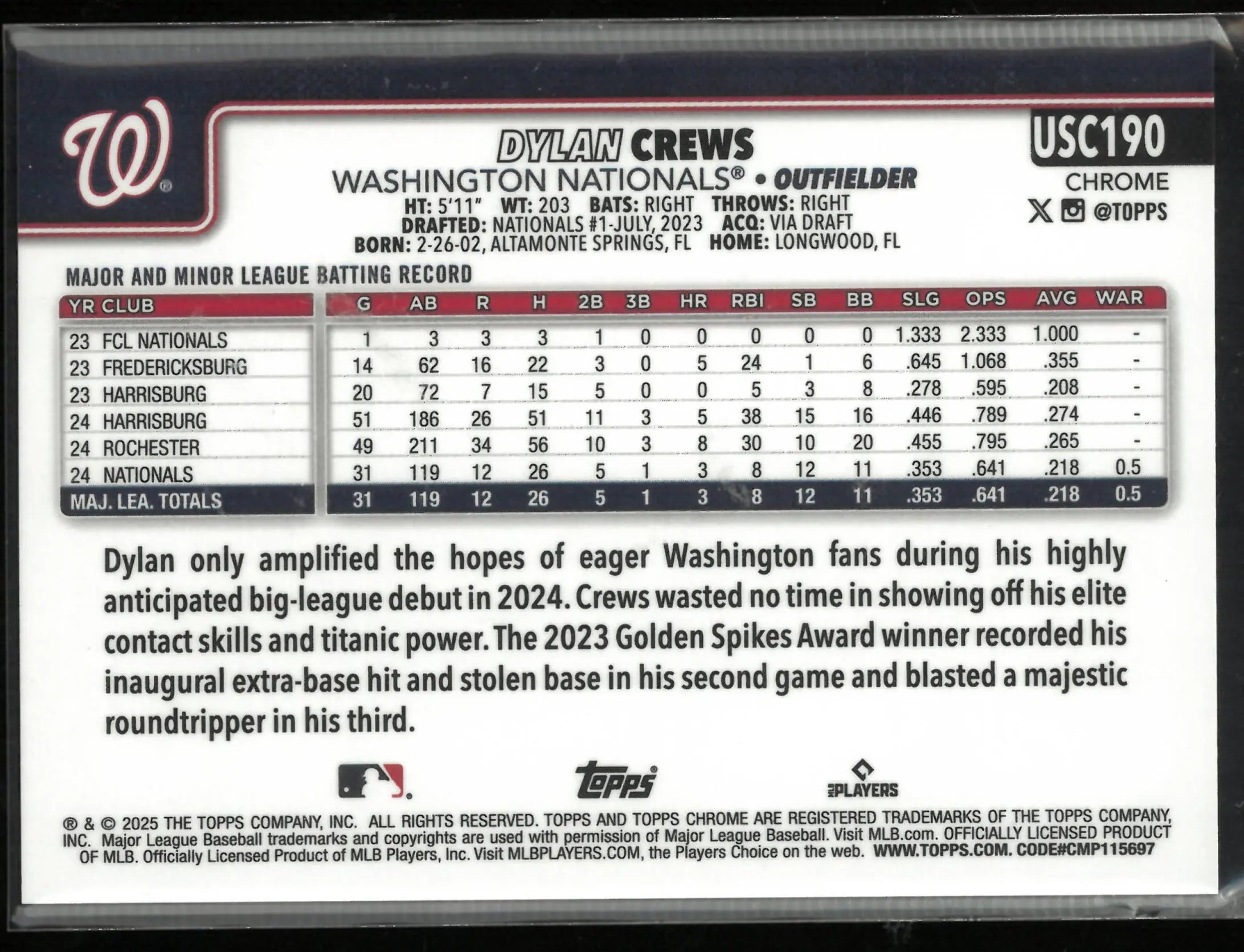 2025 Topps Chrome Rookie Dylan Crews Green /99 RC 