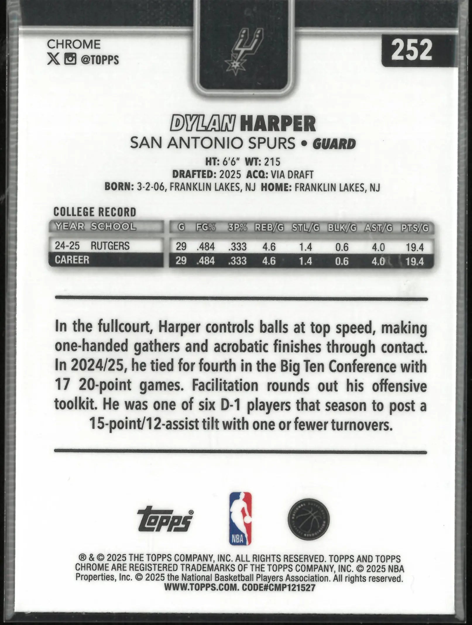 2025 Topps Chrome Rookie Dylan Harper Basketball Refractor RC 