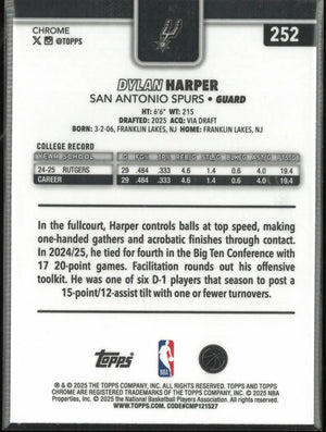 2025 Topps Chrome Rookie Dylan Harper Basketball Refractor RC 