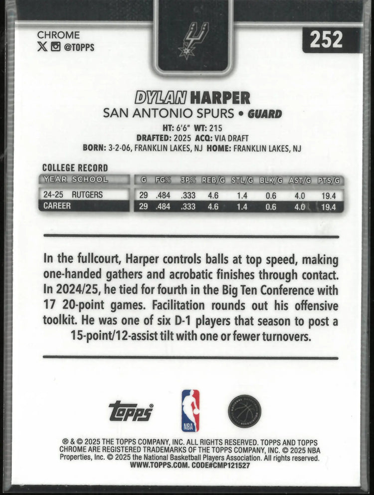 2025 Topps Chrome Rookie Dylan Harper Basketball Refractor RC 