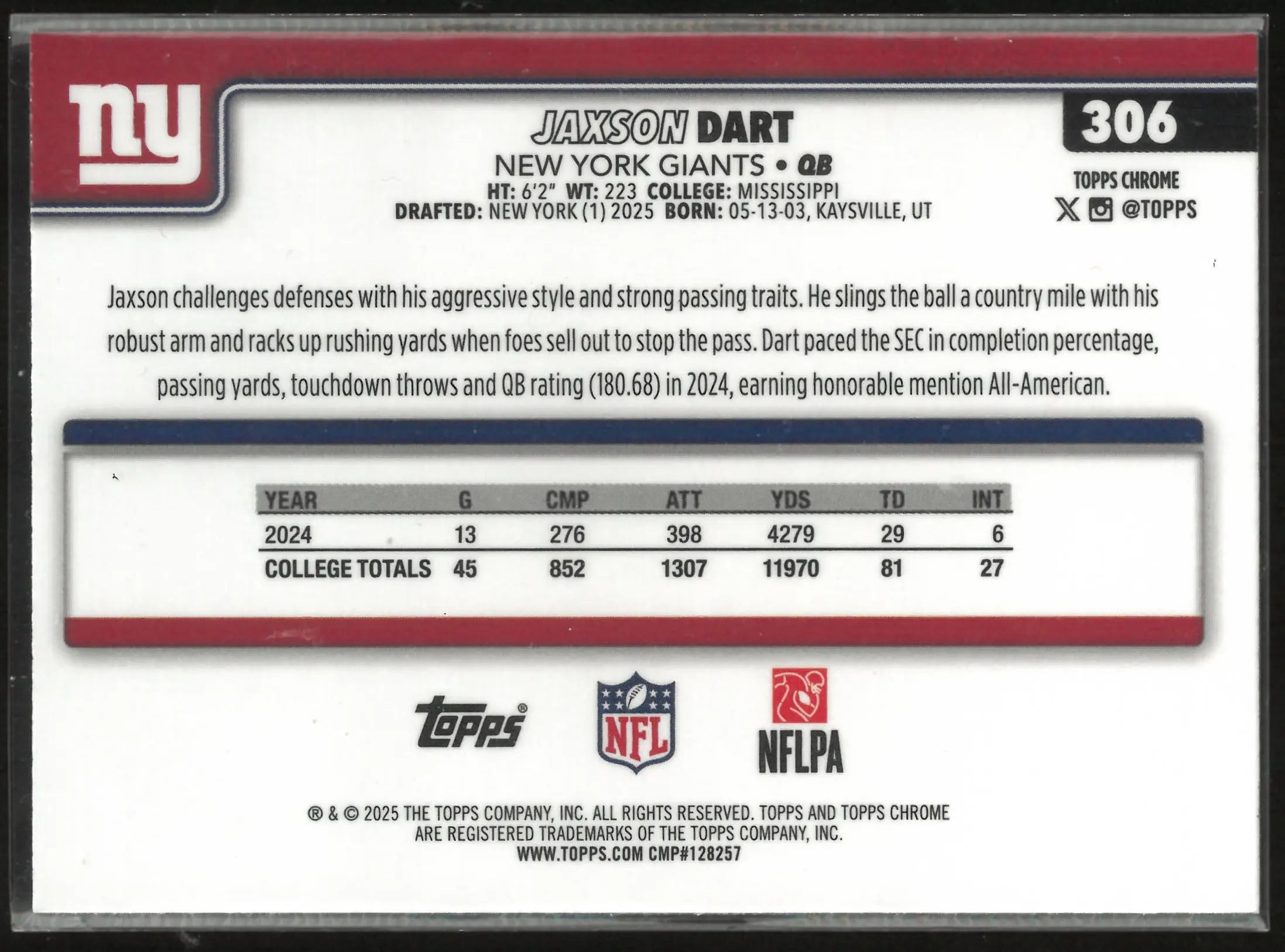 2025 Topps Chrome Rookie Jaxson Dart Pulsar RC 