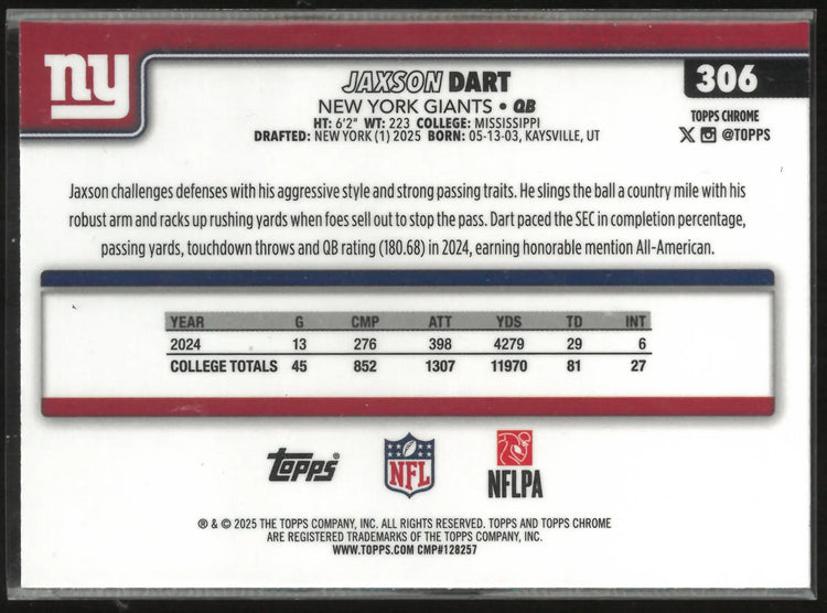 2025 Topps Chrome Rookie Jaxson Dart Pulsar RC 