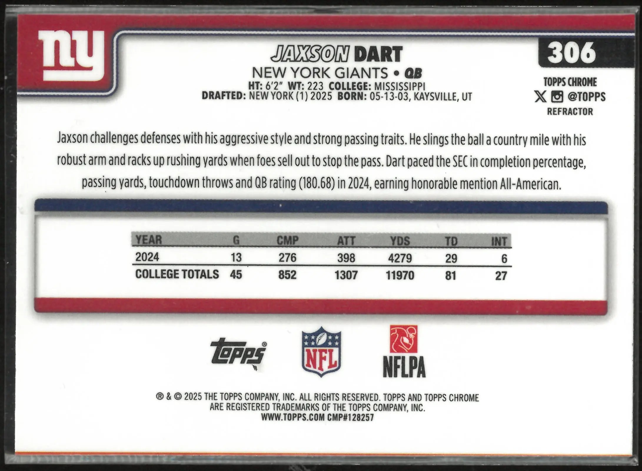 2025 Topps Chrome Rookie Jaxson Dart RC 