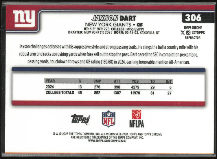 2025 Topps Chrome Rookie Jaxson Dart RC 