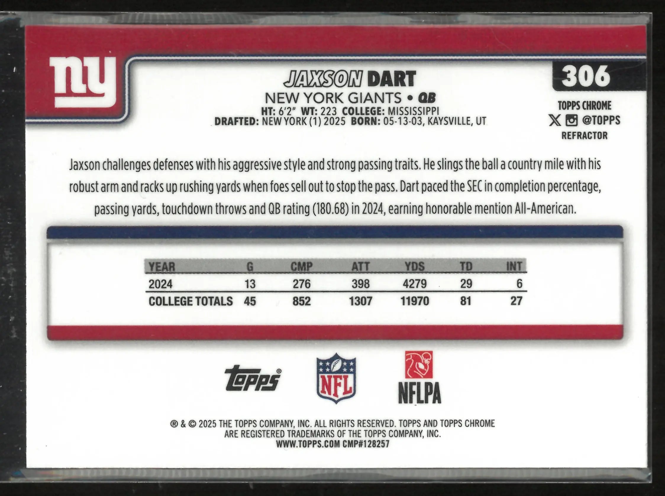 2025 Topps Chrome Rookie Jaxson Dart RC 