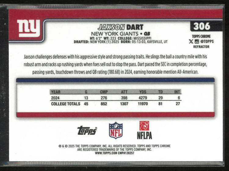 2025 Topps Chrome Rookie Jaxson Dart RC 