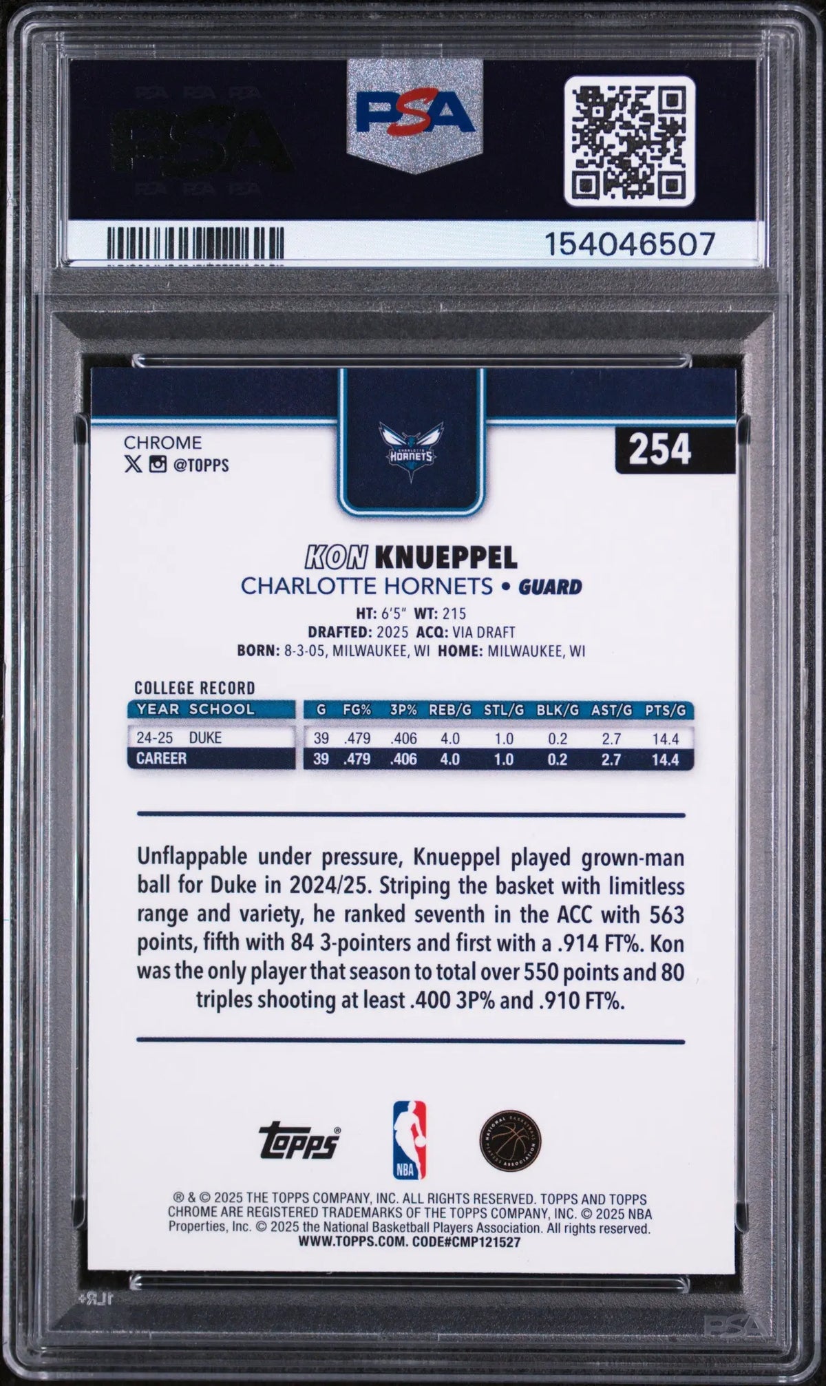 2025 Topps Chrome Rookie Kon Knueppel Prism Refractor RC PSA 8 