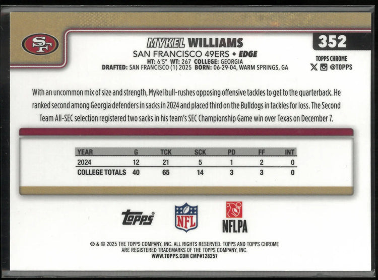 2025 Topps Chrome Rookie Mykel Williams Black Geometric /10 RC 