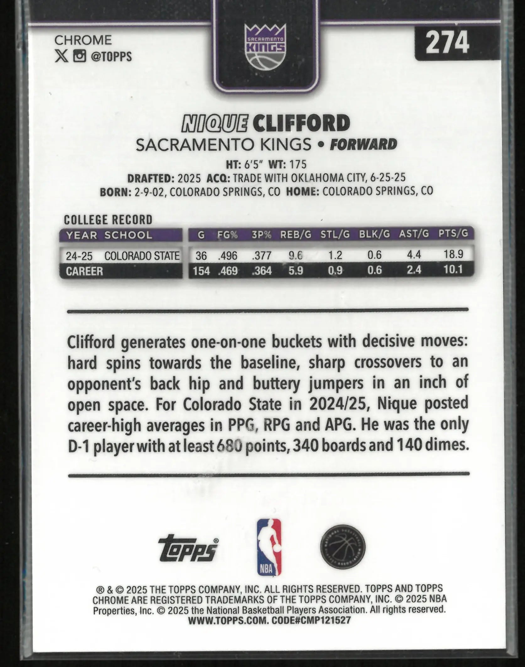 2025 Topps Chrome Rookie Nique Clifford Green Holo /99 RC 