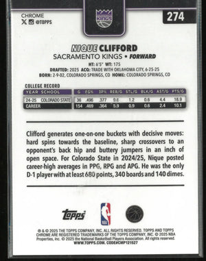 2025 Topps Chrome Rookie Nique Clifford Green Holo /99 RC 
