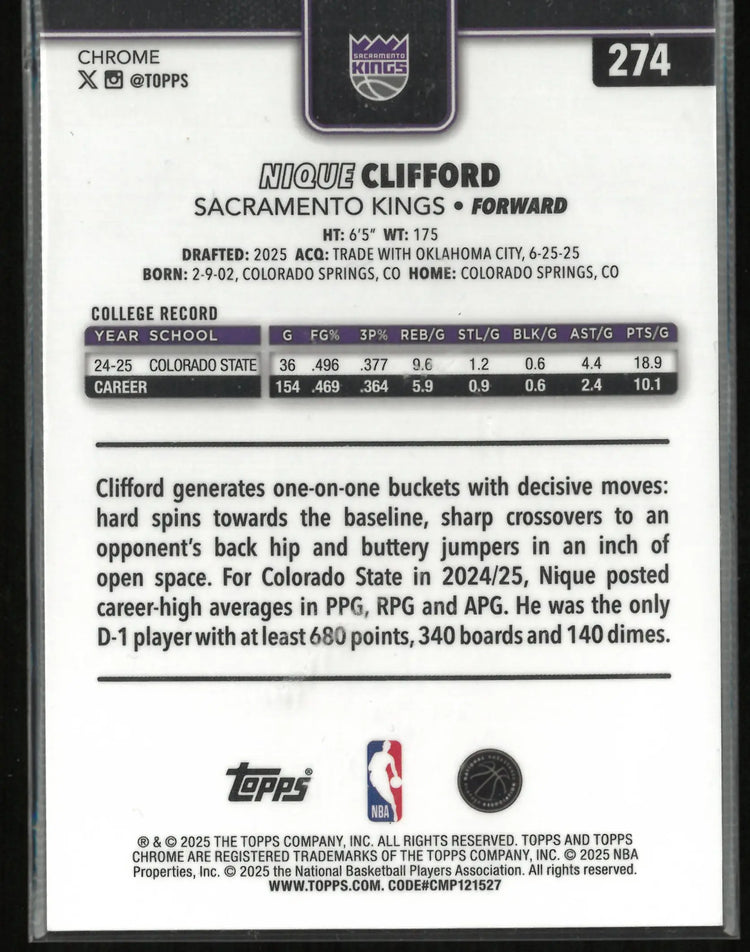 2025 Topps Chrome Rookie Nique Clifford Green Holo /99 RC 