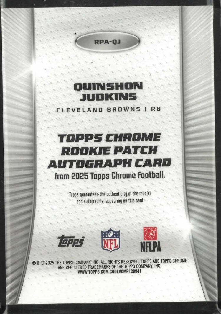 2025 Topps Chrome Rookie Patch Autograph Quinshon Judkins Auto RC 