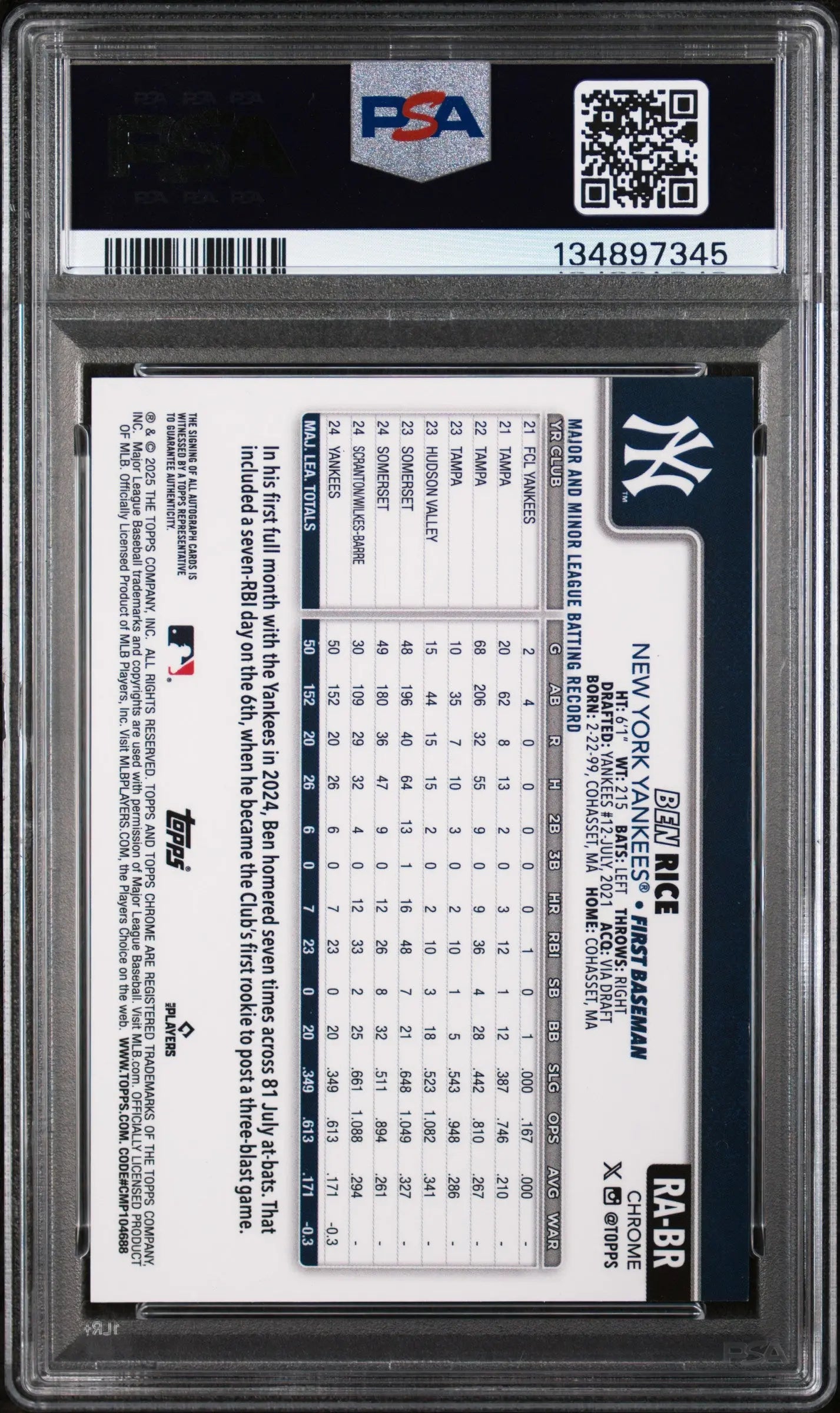 2025 Topps Chrome Rookie RC Autographs Auto Ben Rice PSA 10 