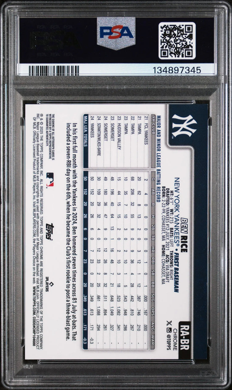 2025 Topps Chrome Rookie RC Autographs Auto Ben Rice PSA 10 