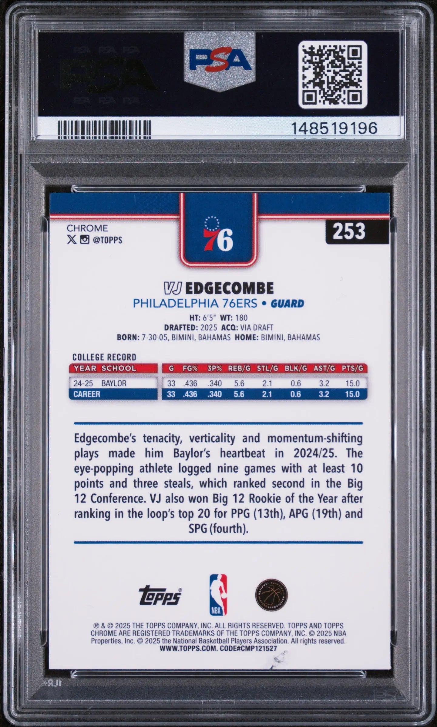 2025 Topps Chrome Rookie VJ Edgecombe Purple Refractor /75 RC PSA 10 