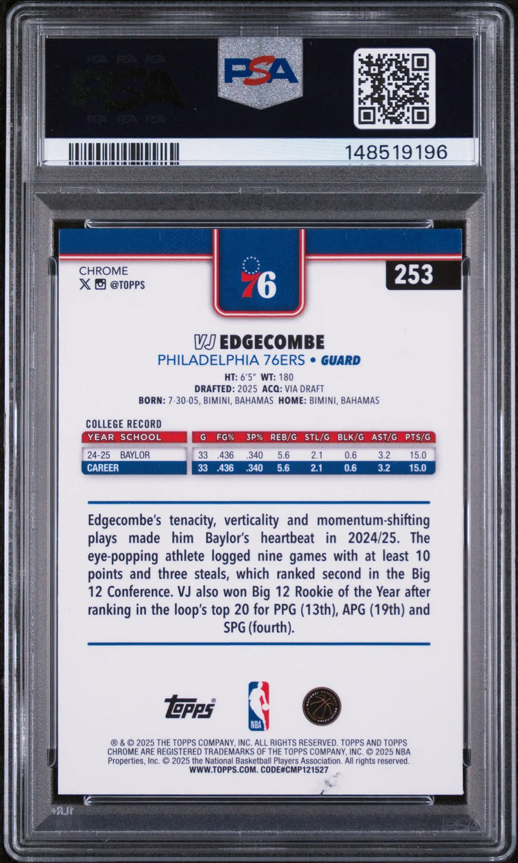 2025 Topps Chrome Rookie VJ Edgecombe Purple Refractor /75 RC PSA 10 