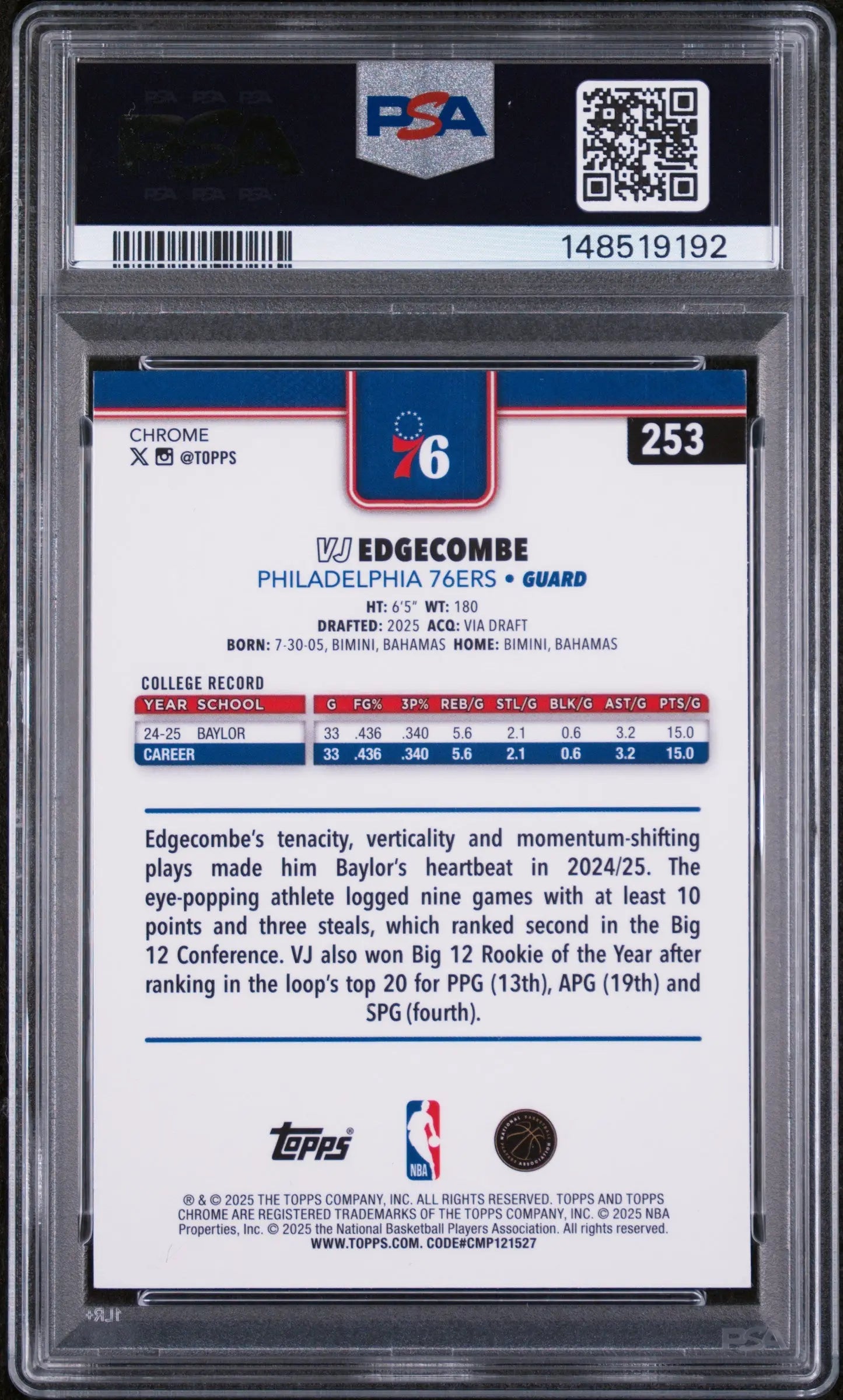 2025 Topps Chrome Rookie VJ Edgecombe  Purple Wave /75 RC PSA 9 