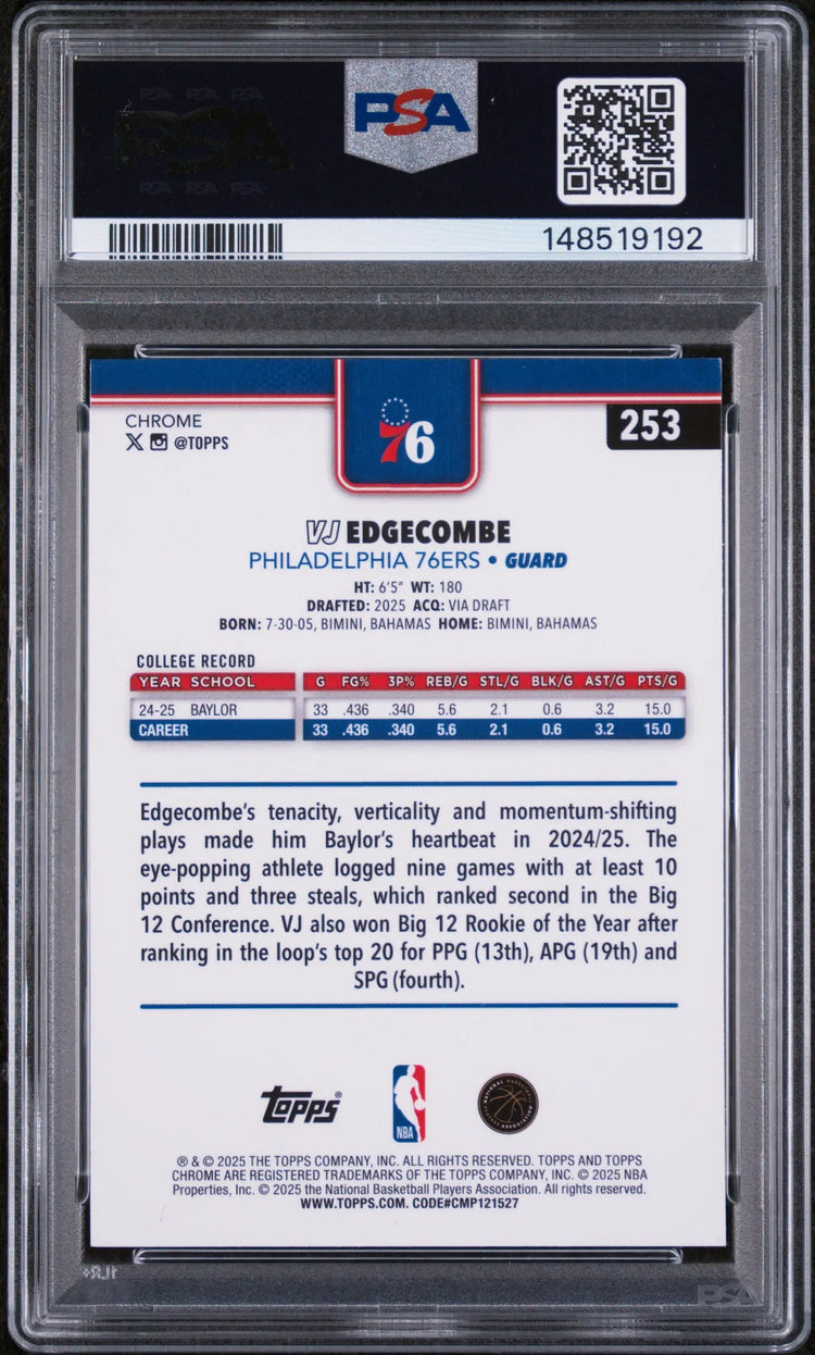 2025 Topps Chrome Rookie VJ Edgecombe  Purple Wave /75 RC PSA 9 