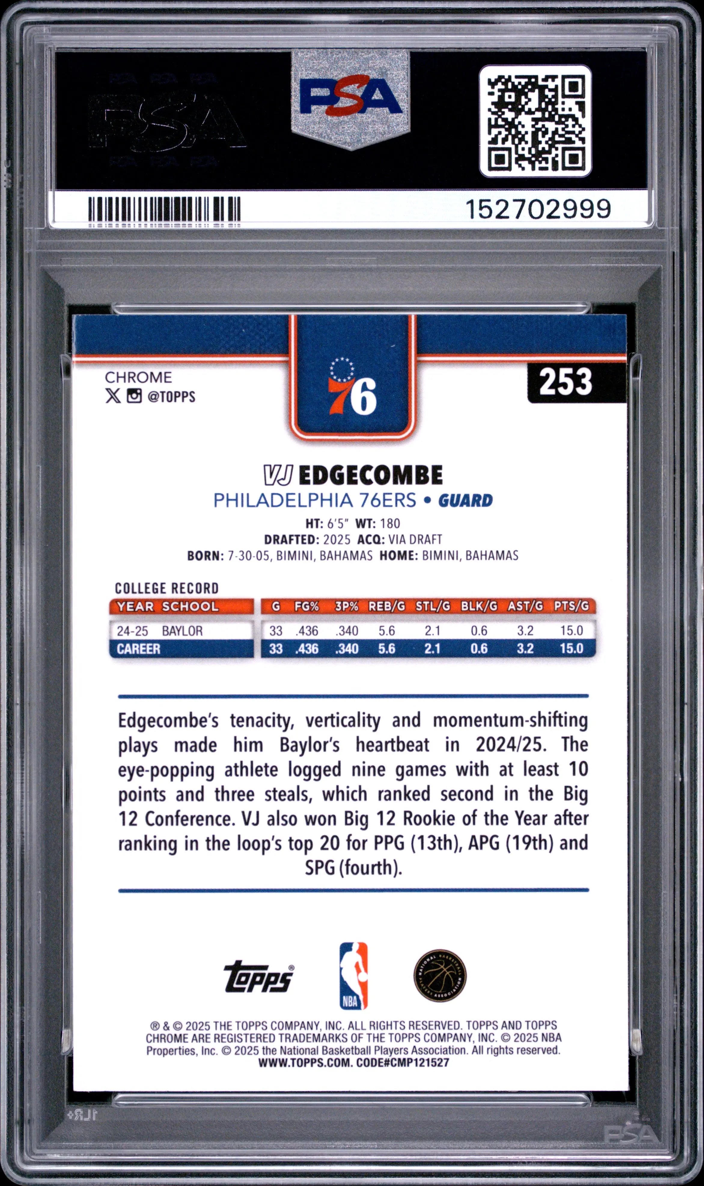 2025 Topps Chrome Rookie Vj Edgecombe Refractor RC PSA 10 
