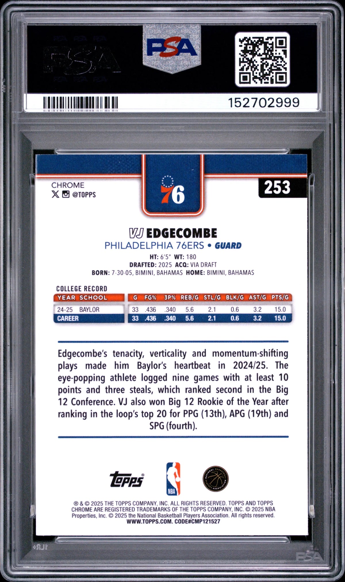 2025 Topps Chrome Rookie Vj Edgecombe Refractor RC PSA 10 