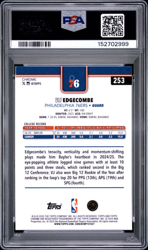 2025 Topps Chrome Rookie Vj Edgecombe Refractor RC PSA 10 