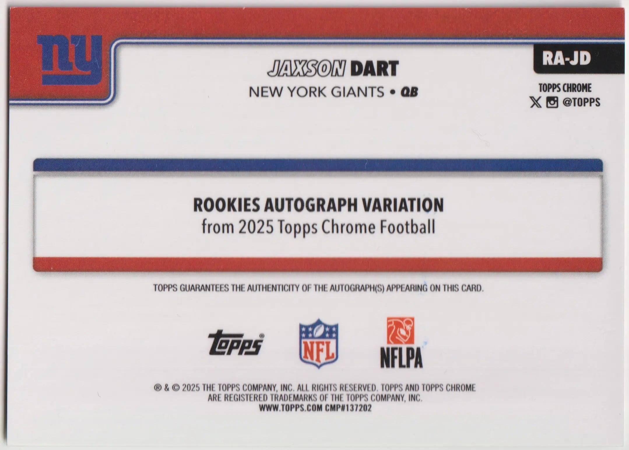 2025 Topps Chrome Rookies Autograph Variation Jaxson Dart Auto RC 