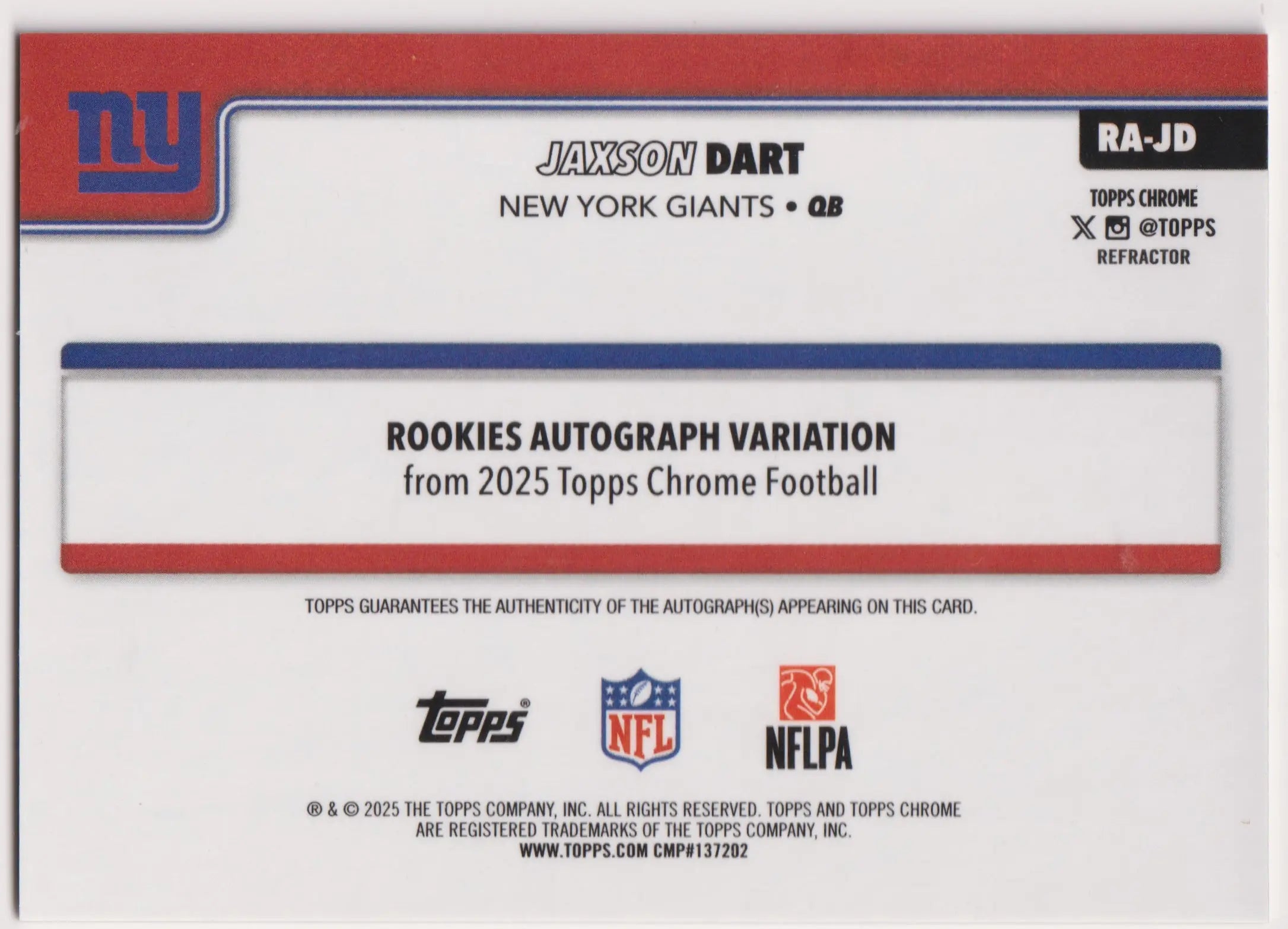 2025 Topps Chrome Rookies Autograph Variation Jaxson Dart Auto RC /499 